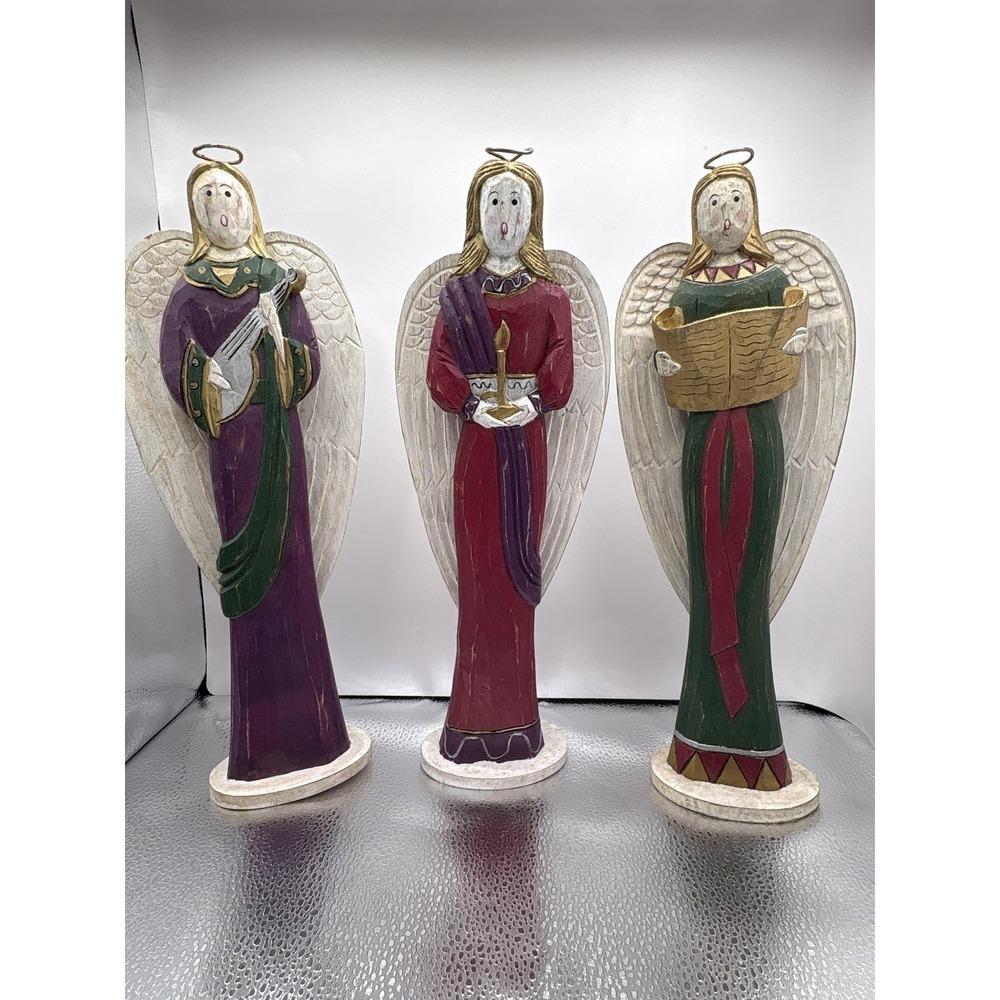 Pier 1 Imports Wooden Christmas Angel Trio Set Carved Folk Art Large 14' Rustic